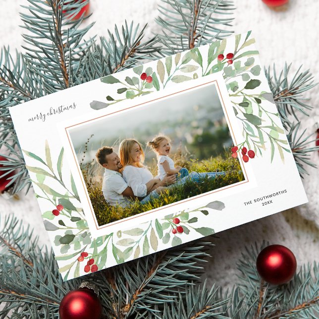 Cartes Pour Fêtes Annuelles Joyeux Noël Photo Feuillage d'hiver Baies rouges (Créateur téléchargé)