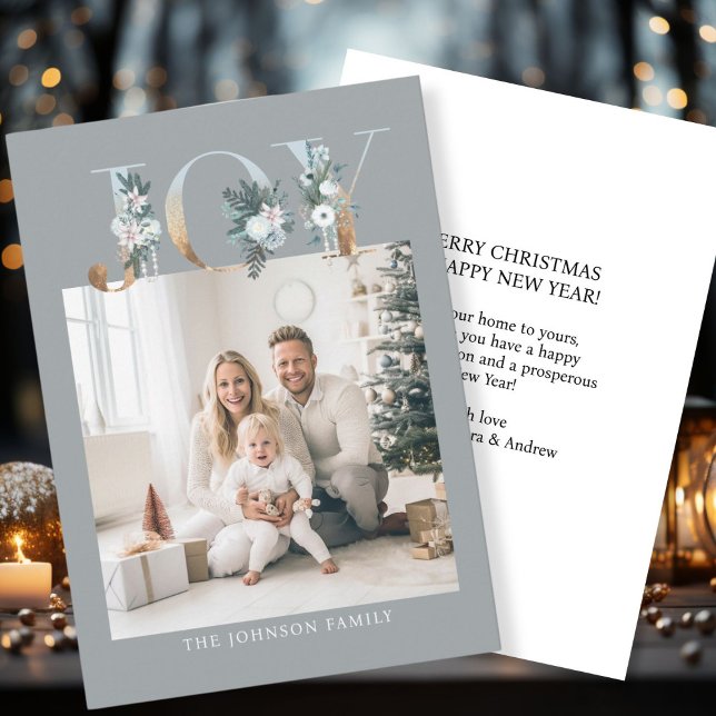 Cartes Pour Fêtes Annuelles Joyeux Noël ! Photo moderne, simple (Customer specific "Joy-Merry Christmas" gray-gold, photo holiday card. )