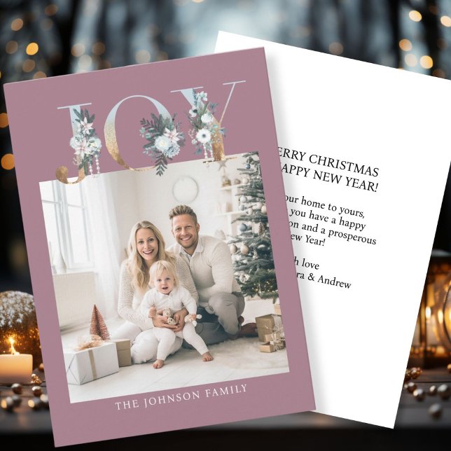 Cartes Pour Fêtes Annuelles Joyeux Noël ! Photo moderne, simple (Customer specific "Joy-Merry Christmas" berry-white-gold, photo holiday card. )