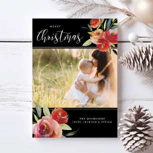 Cartes Pour Fêtes Annuelles Joyeux Noël Photos Rouge Aquarelle Florale Noir
