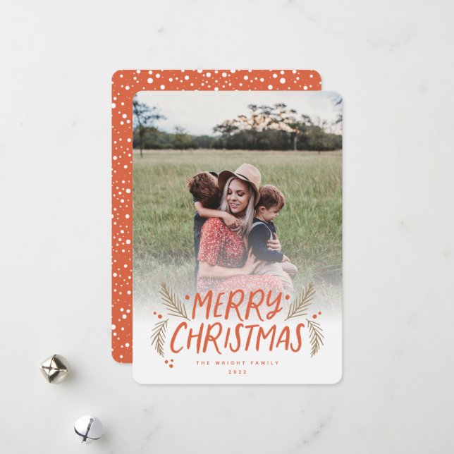 Cartes Pour Fêtes Annuelles Joyeux Noël Pin Berries tiré à la main Photo rouge (Devant/Arrière en situation)