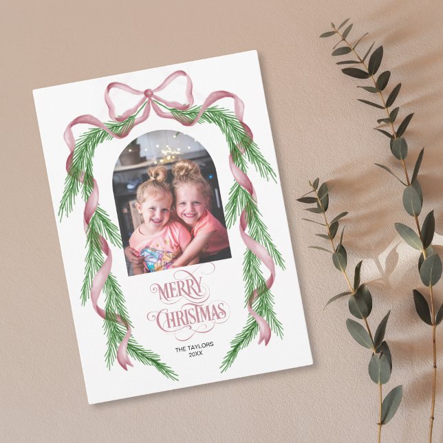 Cartes Pour Fêtes Annuelles Joyeux Noël Pink Bow Ribbon Arche Pine Photo (Créateur téléchargé)