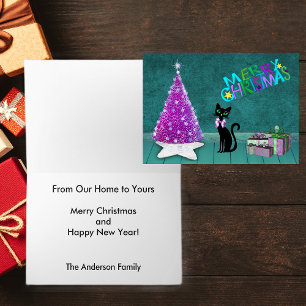 Cartes Pour Fêtes Annuelles Joyeux Noël Pink Tree Cat présente sur Turquoise