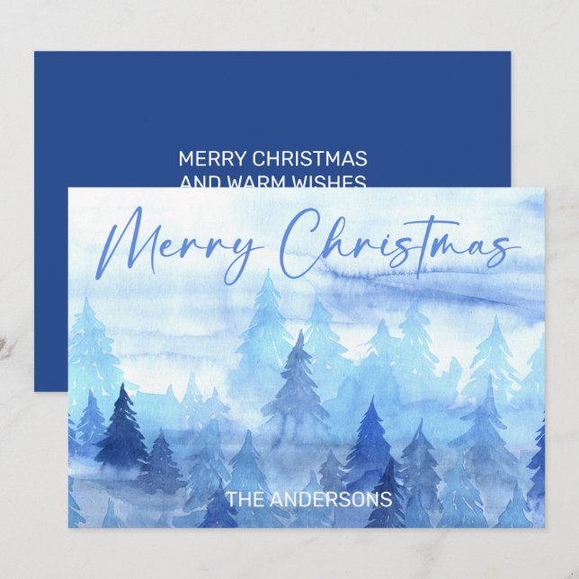 Cartes Pour Fêtes Annuelles Joyeux Noël Pins Aquarelle Bleue (Devant / Derrière)