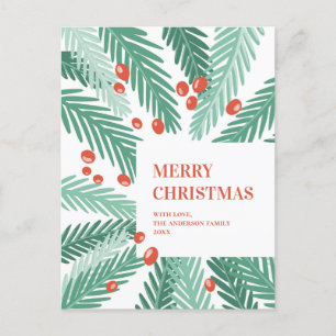 Cartes Pour Fêtes Annuelles Joyeux Noël. Pins verts. Framboise rouge. Moderne