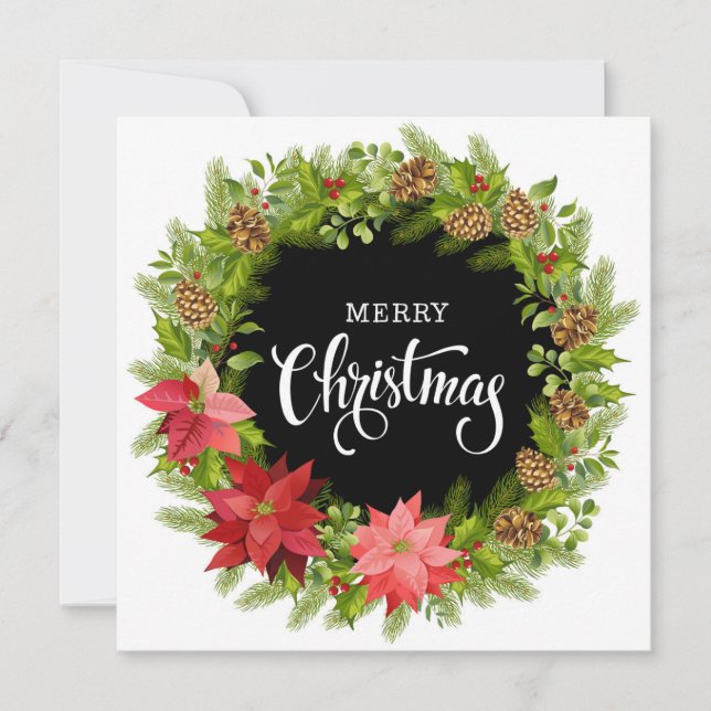 Cartes Pour Fêtes Annuelles Joyeux Noël Poinsettia Floral Wreath Editable (Devant)