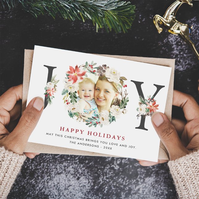 Cartes Pour Fêtes Annuelles Joyeux Noël Poinsettia Floral Wreath Photo (Créateur téléchargé)