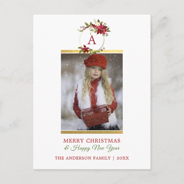 Cartes Pour Fêtes Annuelles Joyeux Noël Poinsettia or Monogramme | PHOTO (Devant)