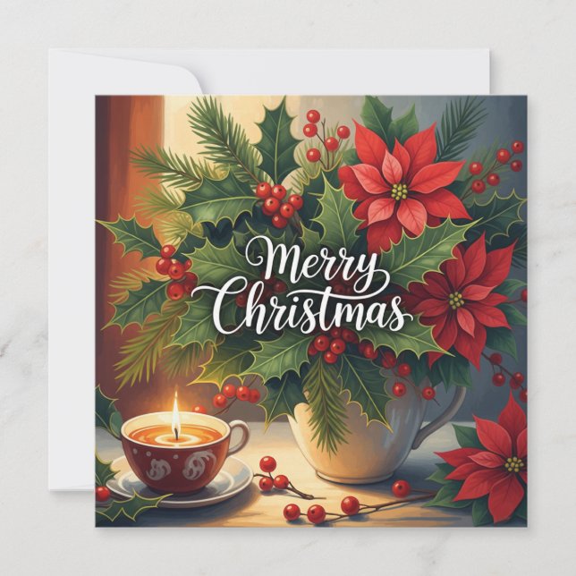 Cartes Pour Fêtes Annuelles Joyeux Noël Poinsettia Rouge, Baie de Houx  (Devant)