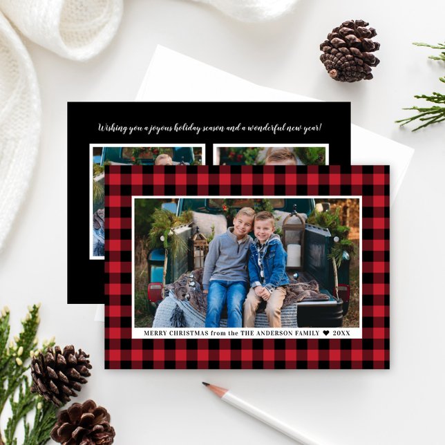 Cartes Pour Fêtes Annuelles Joyeux Noël Red Buffalo Plaid Photo (Créateur téléchargé)
