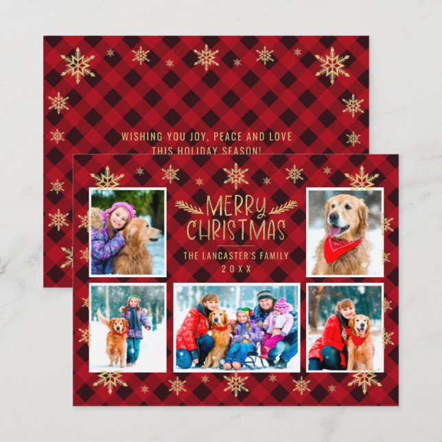 Cartes Pour Fêtes Annuelles Joyeux Noël Red Plaid Gold Snowflakes 5 Photo (Devant / Derrière)