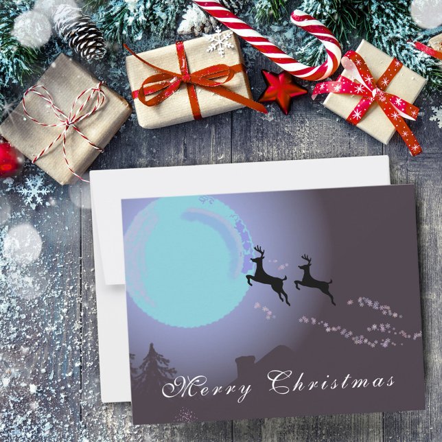 Cartes Pour Fêtes Annuelles Joyeux Noël Reindeer Lune Nuit Magique (Créateur téléchargé)