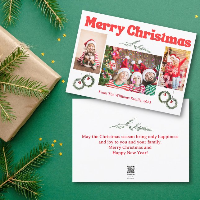 Cartes Pour Fêtes Annuelles joyeux noël rétro calligraphie rouge 3 photos (Créateur téléchargé)