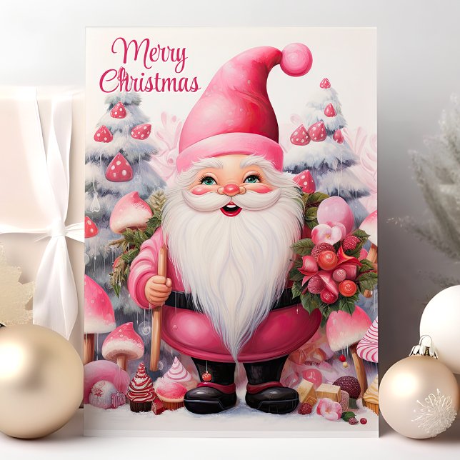 Cartes Pour Fêtes Annuelles Joyeux Noël rose Gnome Whimsical (Créateur téléchargé)