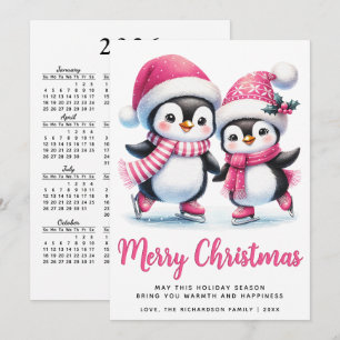 Cartes Pour Fêtes Annuelles Joyeux Noël rose mignon patinage sur glace pingoui