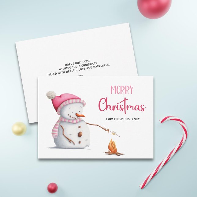 Cartes Pour Fêtes Annuelles Joyeux Noël rose mignon Snowman Marshmallows (Créateur téléchargé)