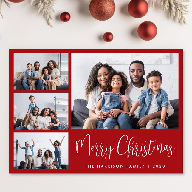 Cartes Pour Fêtes Annuelles Joyeux Noël Rouge 4 Photo Collage (Share the love and warmth of the season with a personalized 4 photo Christmas card)
