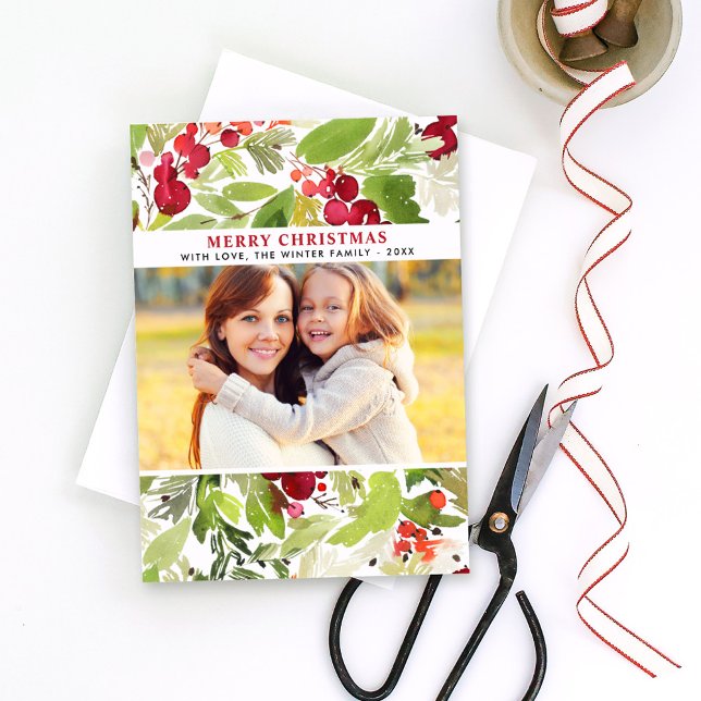 Cartes Pour Fêtes Annuelles Joyeux Noël Rouge Aquarelle verte Photo (Créateur téléchargé)