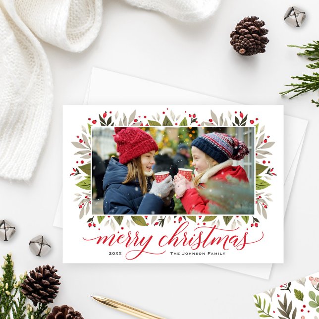 Cartes Pour Fêtes Annuelles Joyeux Noël Rouge Aquarelle verte Photo (Créateur téléchargé)