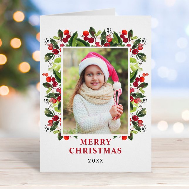 Cartes Pour Fêtes Annuelles Joyeux Noël Rouge Aquarelle verte Photo (Créateur téléchargé)