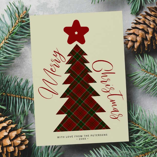 Cartes Pour Fêtes Annuelles Joyeux Noël rouge arbre plaid tartan non photo (Créateur téléchargé)