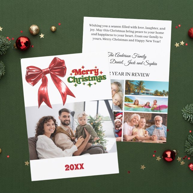 Cartes Pour Fêtes Annuelles Joyeux Noël rouge arc photo année en examen (Créateur téléchargé)