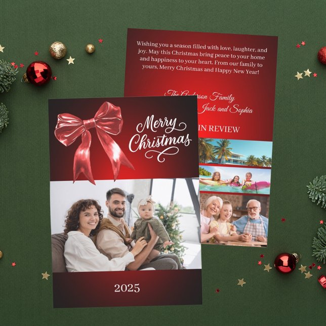 Cartes Pour Fêtes Annuelles Joyeux Noël rouge arc photo année en examen (Créateur téléchargé)
