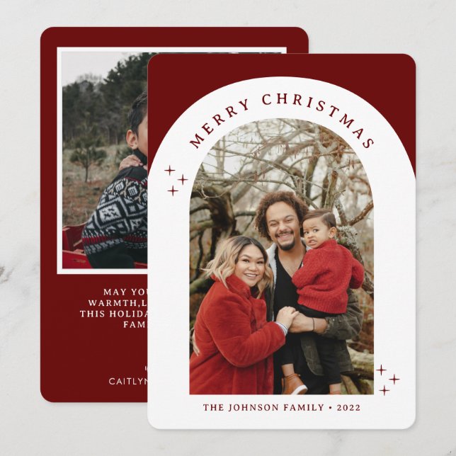 Cartes Pour Fêtes Annuelles Joyeux Noël Rouge Arché Cadre 2 Photo (Devant / Derrière)