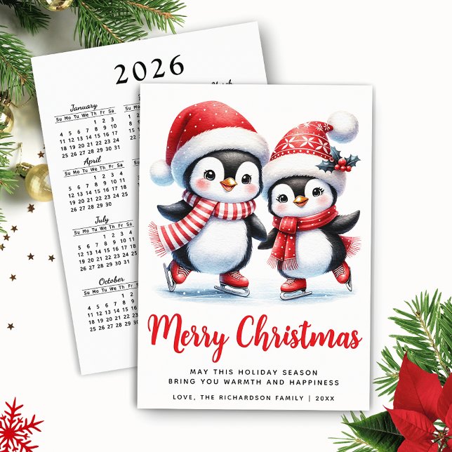 Cartes Pour Fêtes Annuelles Joyeux Noël Rouge Blanc Fun Patinage sur glace Pin (Red and White Merry Christmas Card with Funny Ice Skating Penguins and 2026 Calendar)
