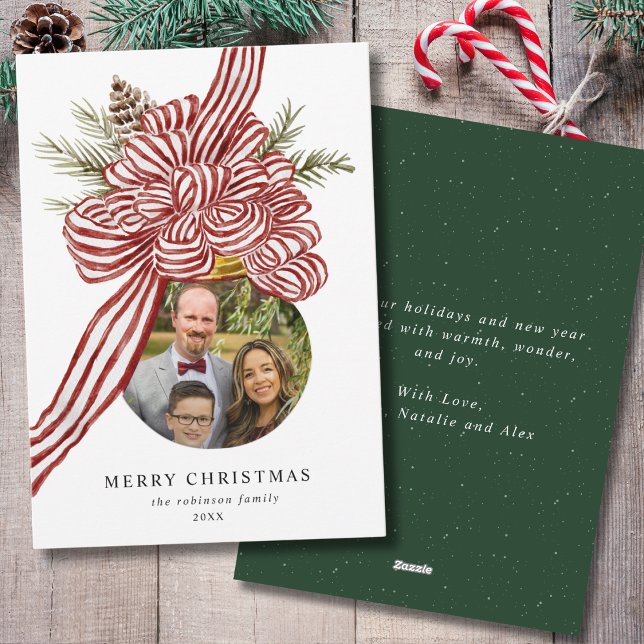 Cartes Pour Fêtes Annuelles Joyeux Noël Rouge Bow Family Photo Green (Créateur téléchargé)