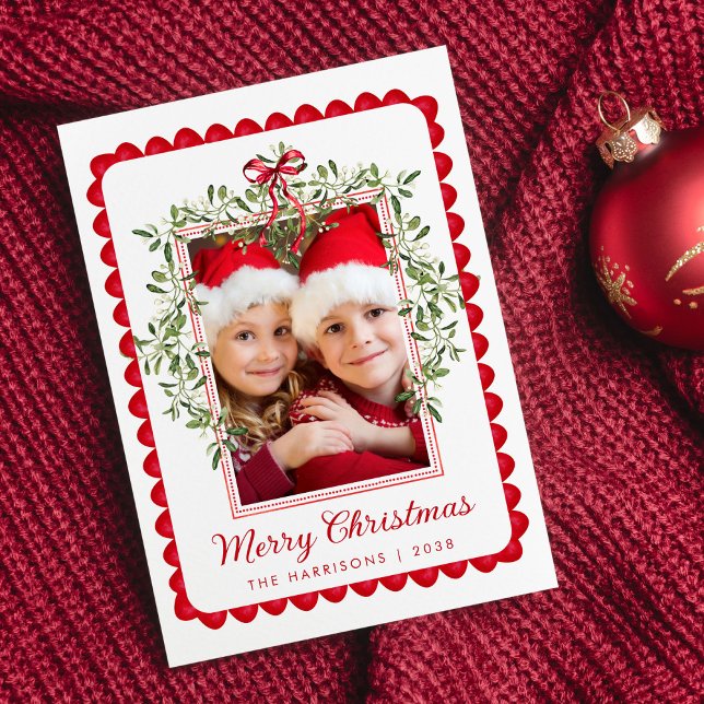 Cartes Pour Fêtes Annuelles Joyeux Noël Rouge Bow Vert aquarelle Photo (Share the love and warmth of the holiday season with this personalized photo Christmas card)