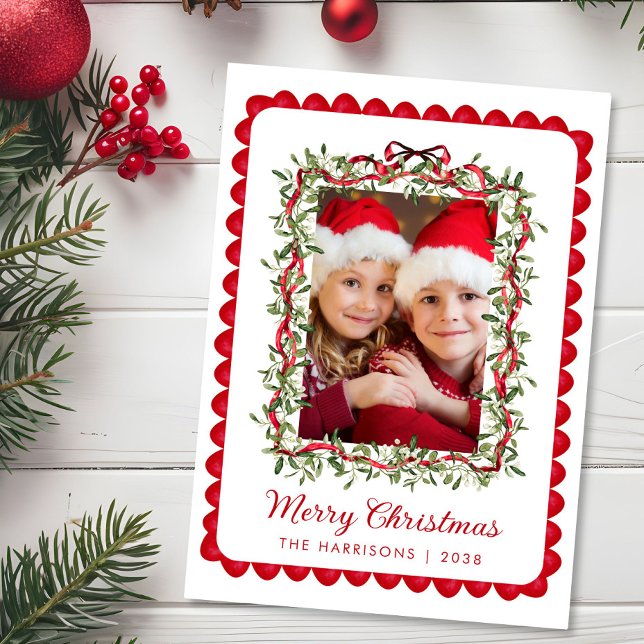 Cartes Pour Fêtes Annuelles Joyeux Noël Rouge Bow Vert aquarelle Photo (Share the love and warmth of the holiday season with this personalized photo Christmas card)