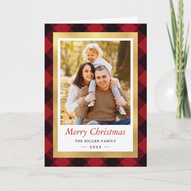 Cartes Pour Fêtes Annuelles Joyeux Noël Rouge Buffalo Check Gold Frame Photo (Devant)