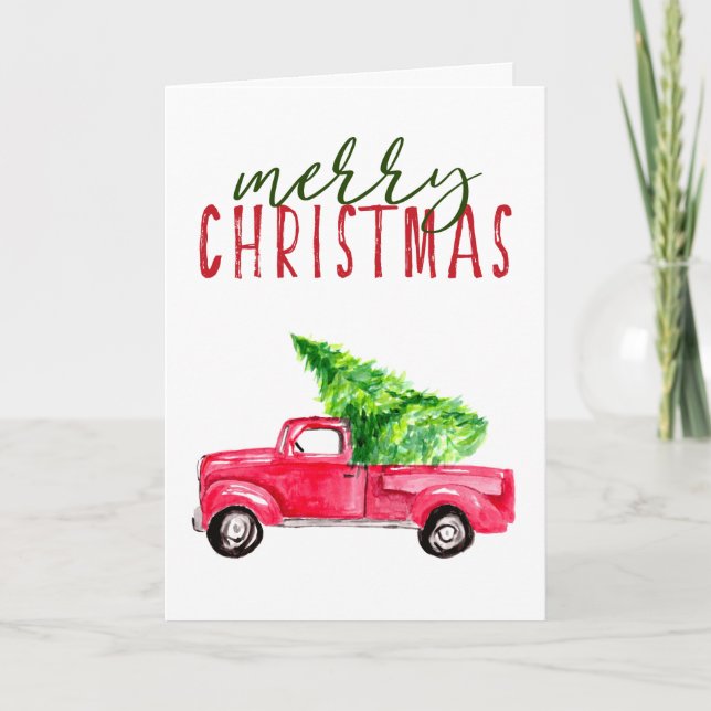 Cartes Pour Fêtes Annuelles Joyeux Noël Rouge Camion Arbre Aquarelle Simple (Devant)