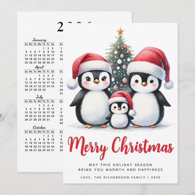 Cartes Pour Fêtes Annuelles Joyeux Noël Rouge et blanc Cute Penguin Famille (Devant / Derrière)