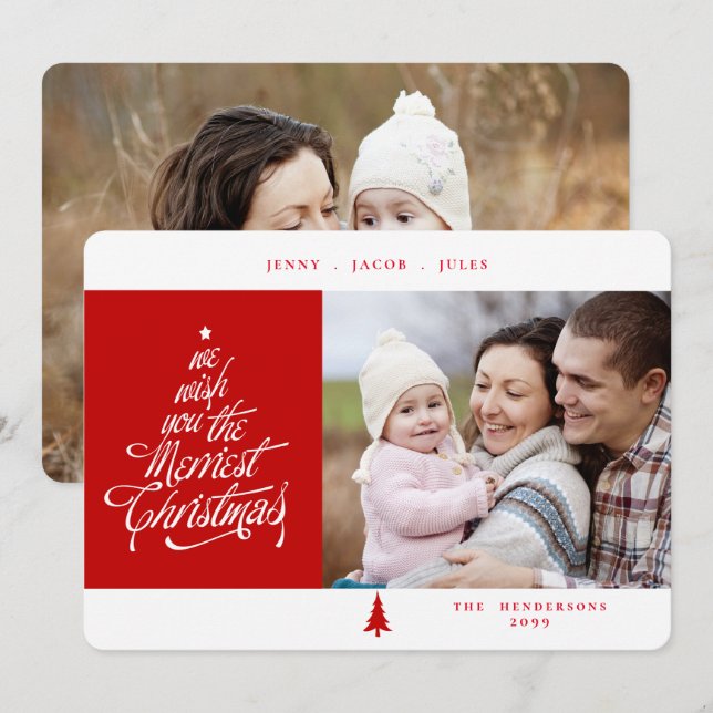 Cartes Pour Fêtes Annuelles Joyeux Noël rouge et blanc photo (Devant / Derrière)