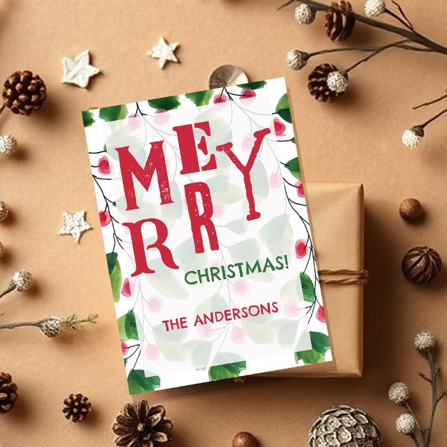 Cartes Pour Fêtes Annuelles Joyeux Noël Rouge Et Vert Aquarelle Wreath (Créateur téléchargé)