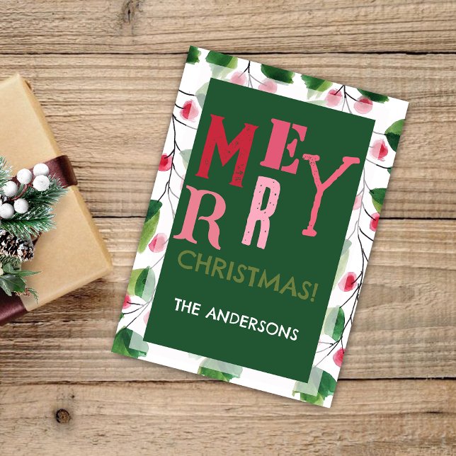Cartes Pour Fêtes Annuelles Joyeux Noël Rouge Et Vert Aquarelle Wreath (Créateur téléchargé)