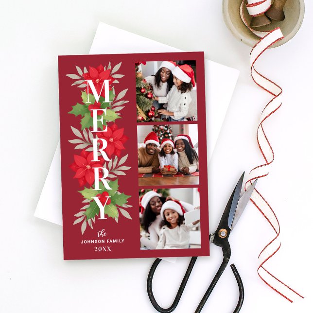 Cartes Pour Fêtes Annuelles Joyeux Noël Rouge Floral 3 Photo (Créateur téléchargé)