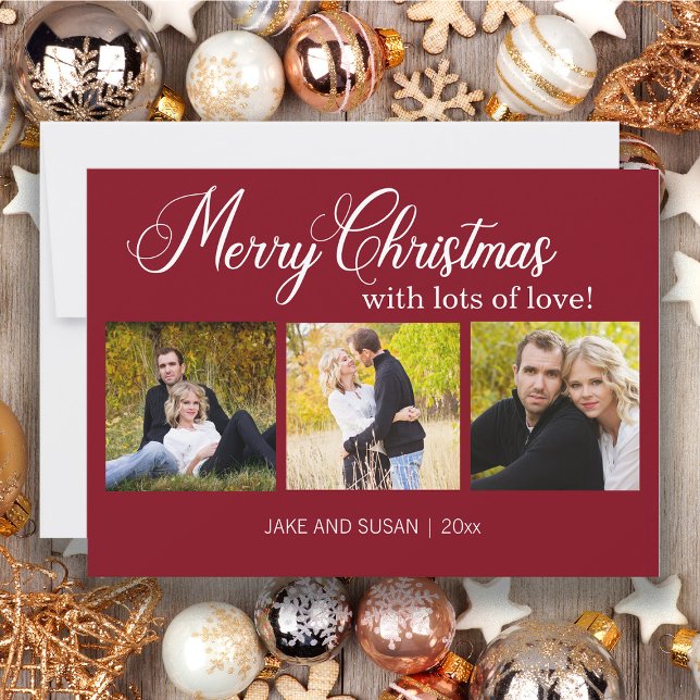 Cartes Pour Fêtes Annuelles Joyeux Noël Rouge moderne Amour Année 3 Photo (Red 3-photo Christmas greeting card)
