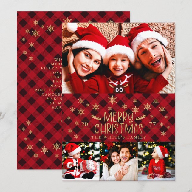 Cartes Pour Fêtes Annuelles Joyeux Noël Rouge Plaid Gold Snowflakes 4 Photos (Devant / Derrière)