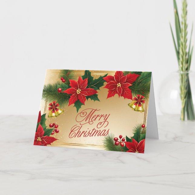 Cartes Pour Fêtes Annuelles Joyeux Noël Rouge Poinsettia Fleurs, Cloches (Devant)