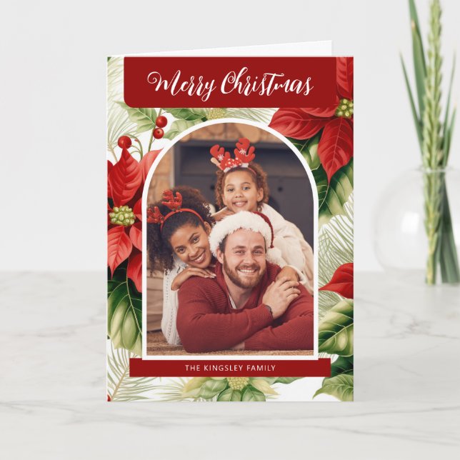 Cartes Pour Fêtes Annuelles Joyeux Noël Rouge Poinsettias Photo personnalisée (Devant)