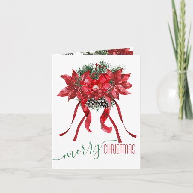 Cartes Pour Fêtes Annuelles Joyeux Noël Rouge Poinsettias Ruban Bows (Devant)