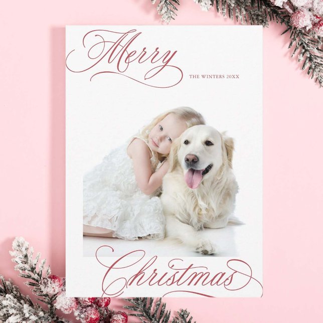 Cartes Pour Fêtes Annuelles Joyeux Noël rouge poussiéreux Script Photo miniatu (Créateur téléchargé)