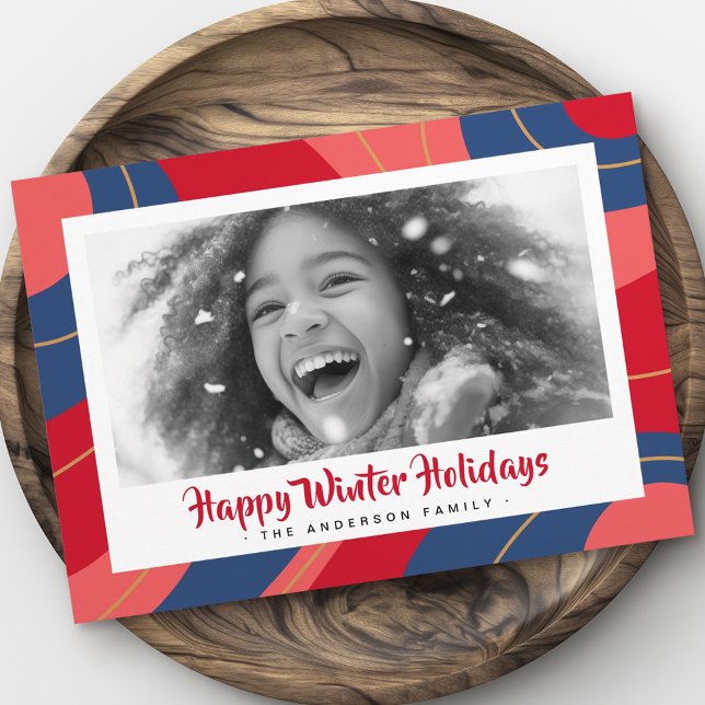 Cartes Pour Fêtes Annuelles Joyeux Noël rouge rose bleu foncé (Red pink dark blue retro merry christmas photo holiday card)