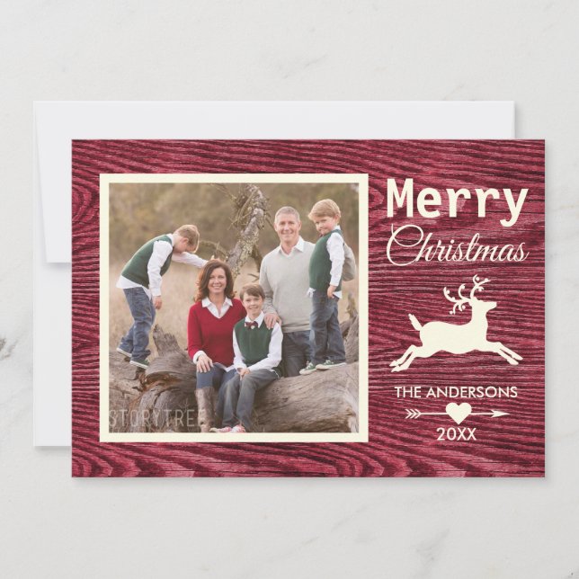 Cartes Pour Fêtes Annuelles Joyeux Noël Rouge Rustique Bois Photo famille (Devant)