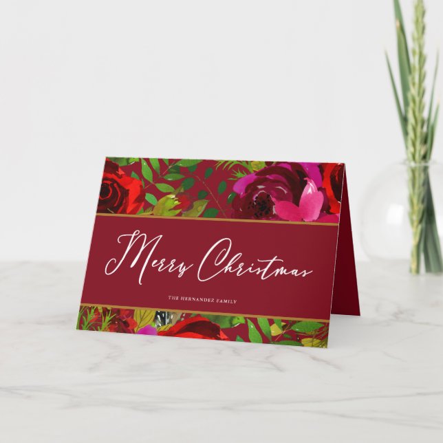Cartes Pour Fêtes Annuelles Joyeux Noël Rouge Script Floral (Devant)