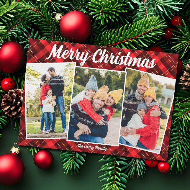 Cartes Pour Fêtes Annuelles Joyeux Noël Rouge Tartan 3 Photo (Créateur téléchargé)
