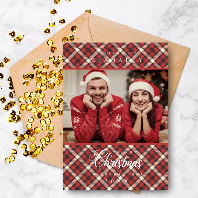 Cartes Pour Fêtes Annuelles Joyeux Noël Rouge Tartan Famille Photo Plaid (Créateur téléchargé)